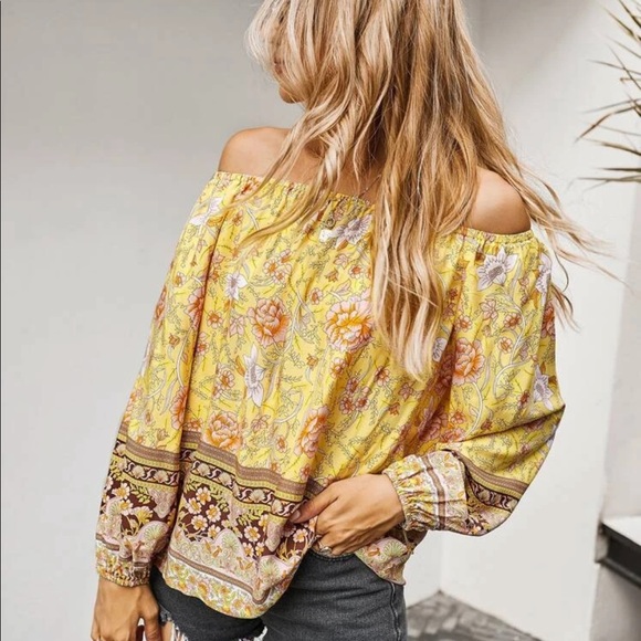 Boho floral print off shoulder blouse- Yellow - Picture 11 of 12